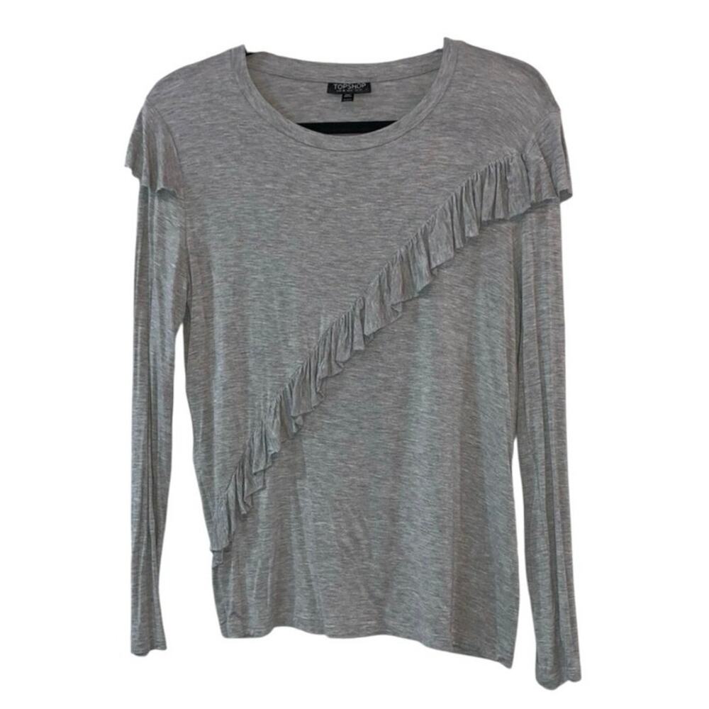 Topshop Gray Asymmetrical Ruffle Long Sleeve Top Size 6